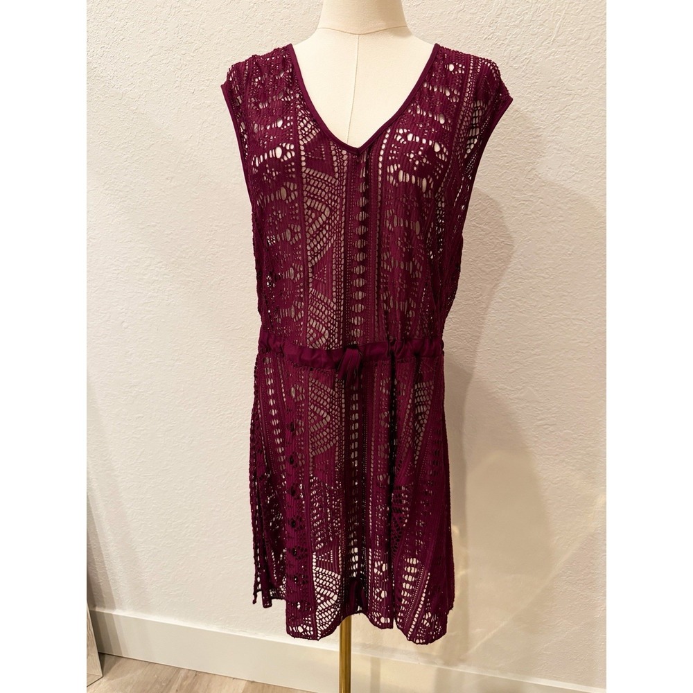 Becca Crochet Swim Cover Up Dress XS Burgundy Beach Boho Resort Wear Cruise